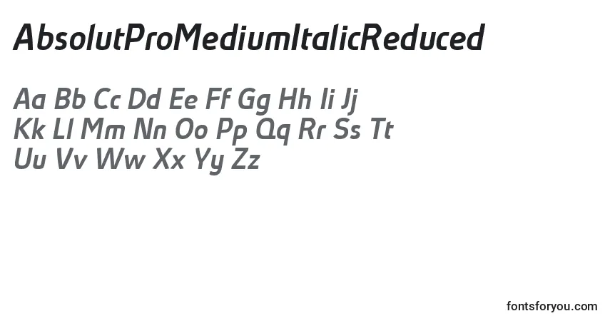Czcionka AbsolutProMediumItalicReduced (99700) – alfabet, cyfry, specjalne znaki