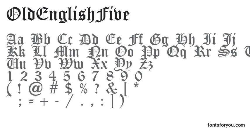 Czcionka OldEnglishFive – alfabet, cyfry, specjalne znaki