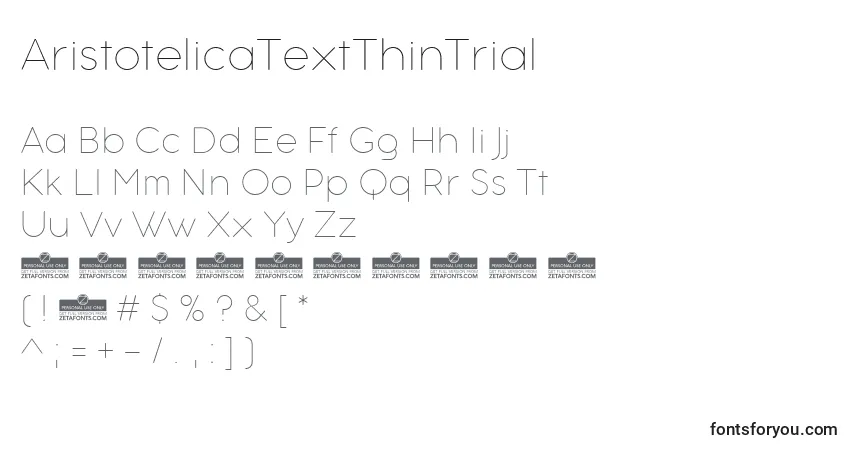 A fonte AristotelicaTextThinTrial – alfabeto, números, caracteres especiais