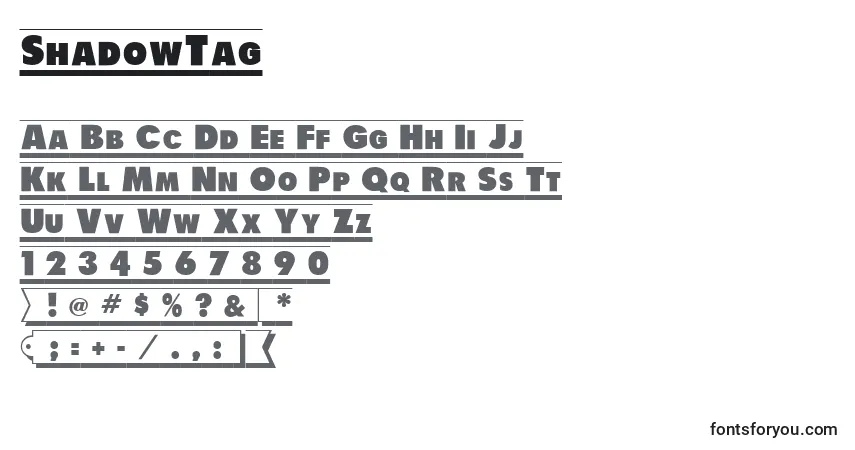 Schriftart ShadowTag – Alphabet, Zahlen, spezielle Symbole
