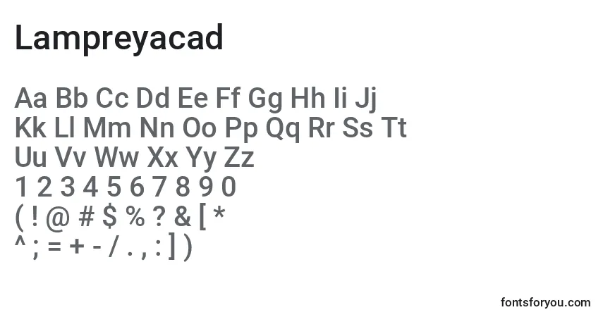 Czcionka Lampreyacad – alfabet, cyfry, specjalne znaki