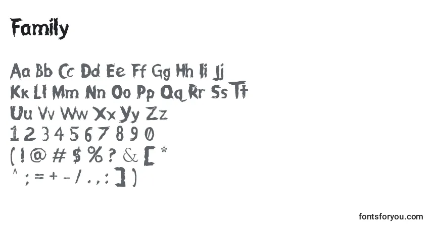 Czcionka Family – alfabet, cyfry, specjalne znaki
