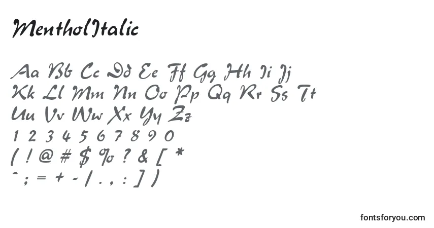 Schriftart MentholItalic – Alphabet, Zahlen, spezielle Symbole