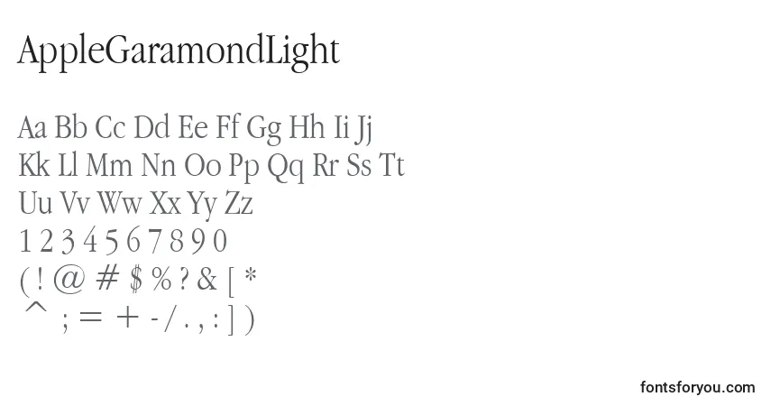 A fonte AppleGaramondLight – alfabeto, números, caracteres especiais