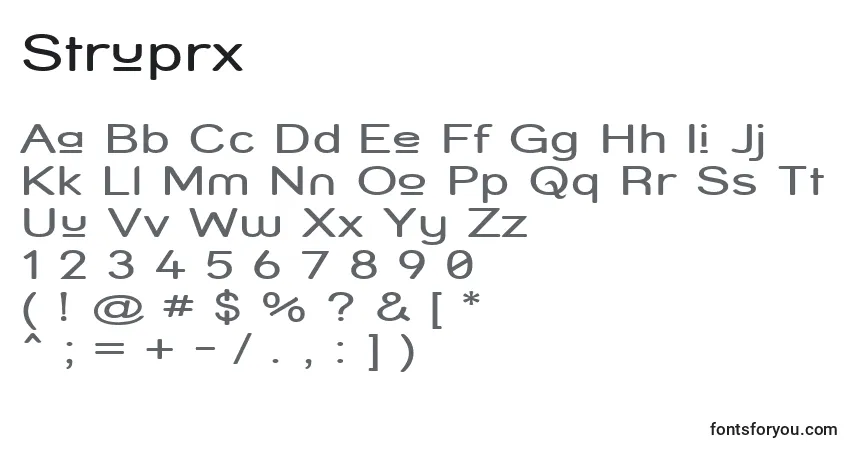 characters of struprx font, letter of struprx font, alphabet of  struprx font