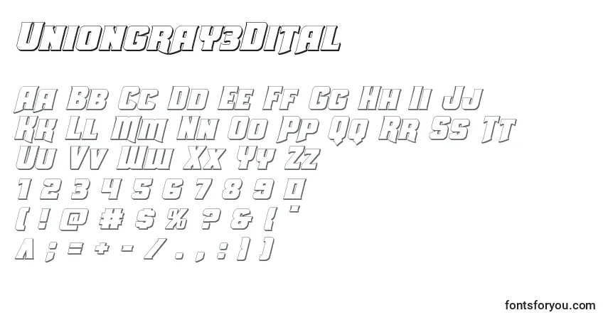 A fonte Uniongray3Dital – alfabeto, números, caracteres especiais