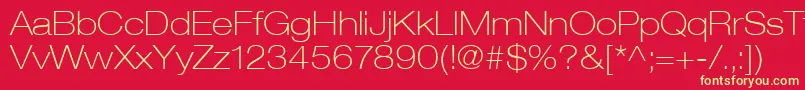 HelveticaLt33ThinExtended-Schriftart – Gelbe Schriften auf rotem Hintergrund
