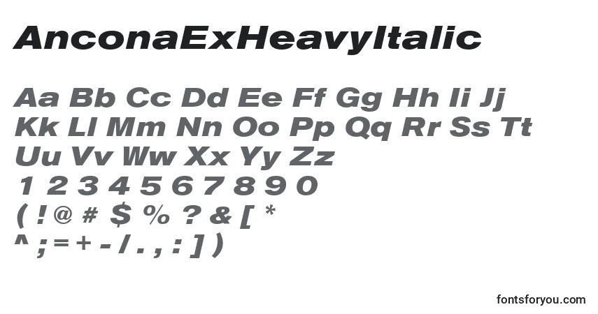 A fonte AnconaExHeavyItalic – alfabeto, números, caracteres especiais