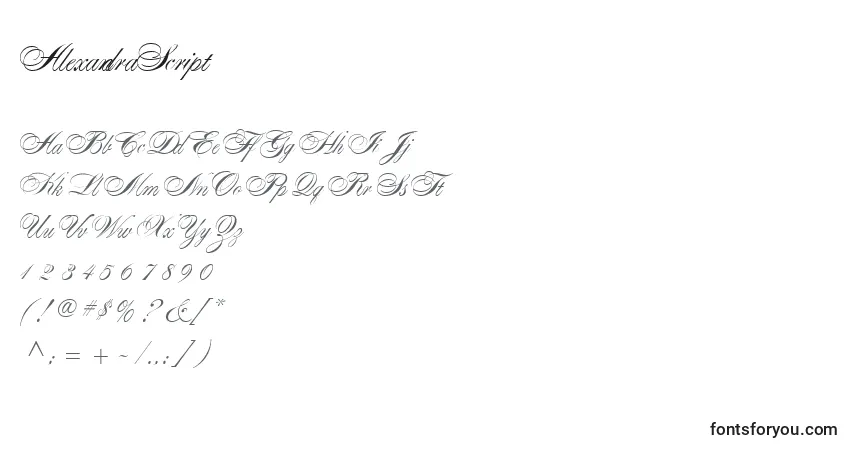 Czcionka AlexandraScript – alfabet, cyfry, specjalne znaki