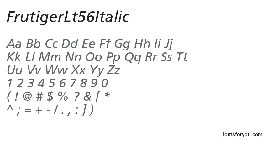 Czcionka FrutigerLt56Italic – alfabet, cyfry, specjalne znaki