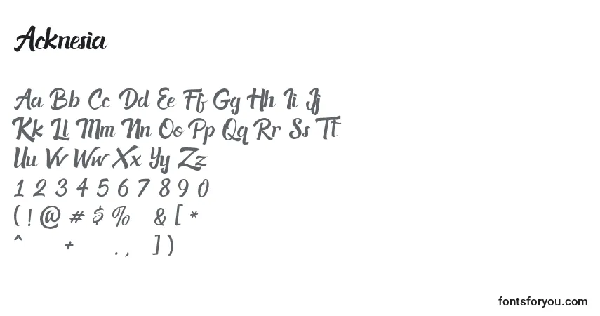 characters of acknesia font, letter of acknesia font, alphabet of  acknesia font