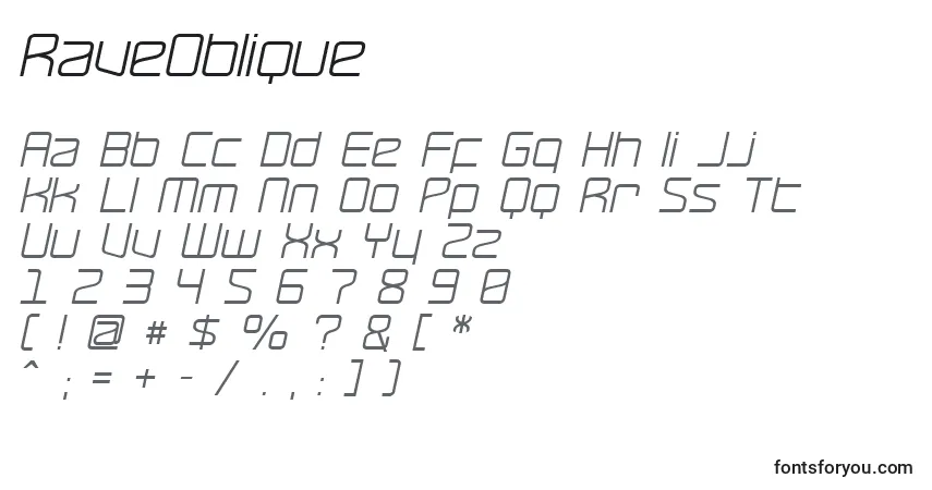 characters of raveoblique font, letter of raveoblique font, alphabet of  raveoblique font