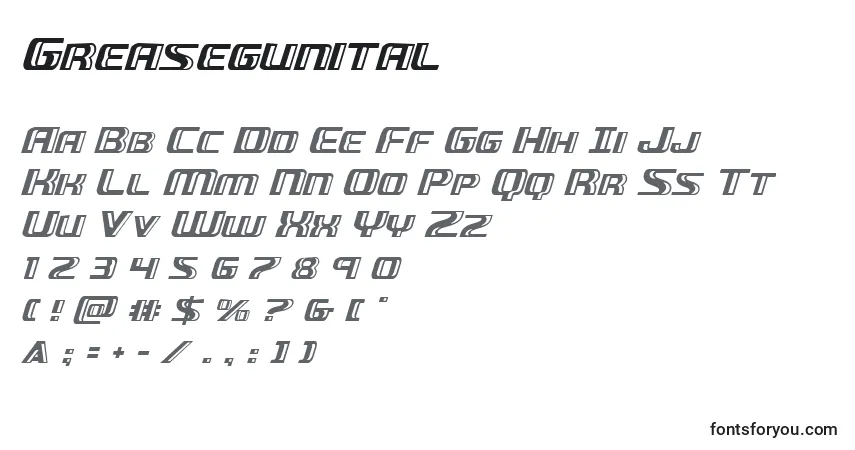 Schriftart Greasegunital – Alphabet, Zahlen, spezielle Symbole