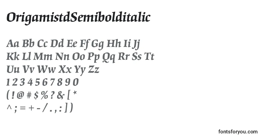 A fonte OrigamistdSemibolditalic – alfabeto, números, caracteres especiais