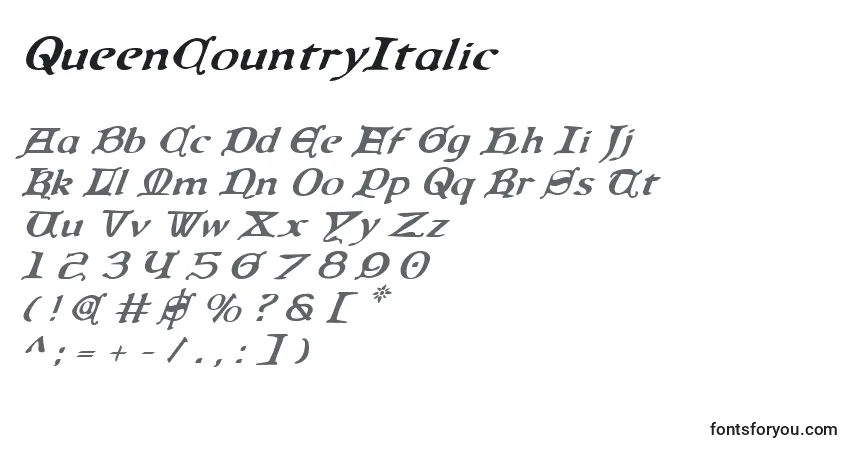 Fuente QueenCountryItalic - alfabeto, números, caracteres especiales