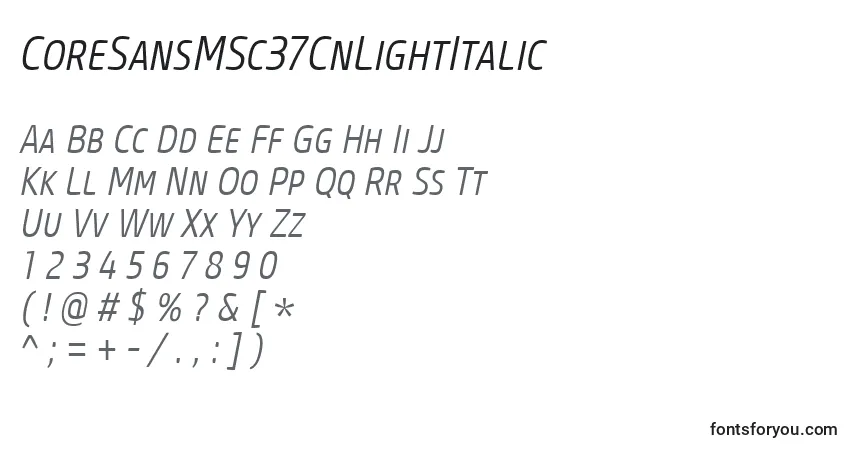 Czcionka CoreSansMSc37CnLightItalic – alfabet, cyfry, specjalne znaki