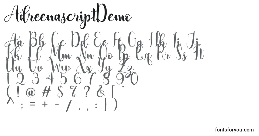 Schriftart AdreenascriptDemo – Alphabet, Zahlen, spezielle Symbole